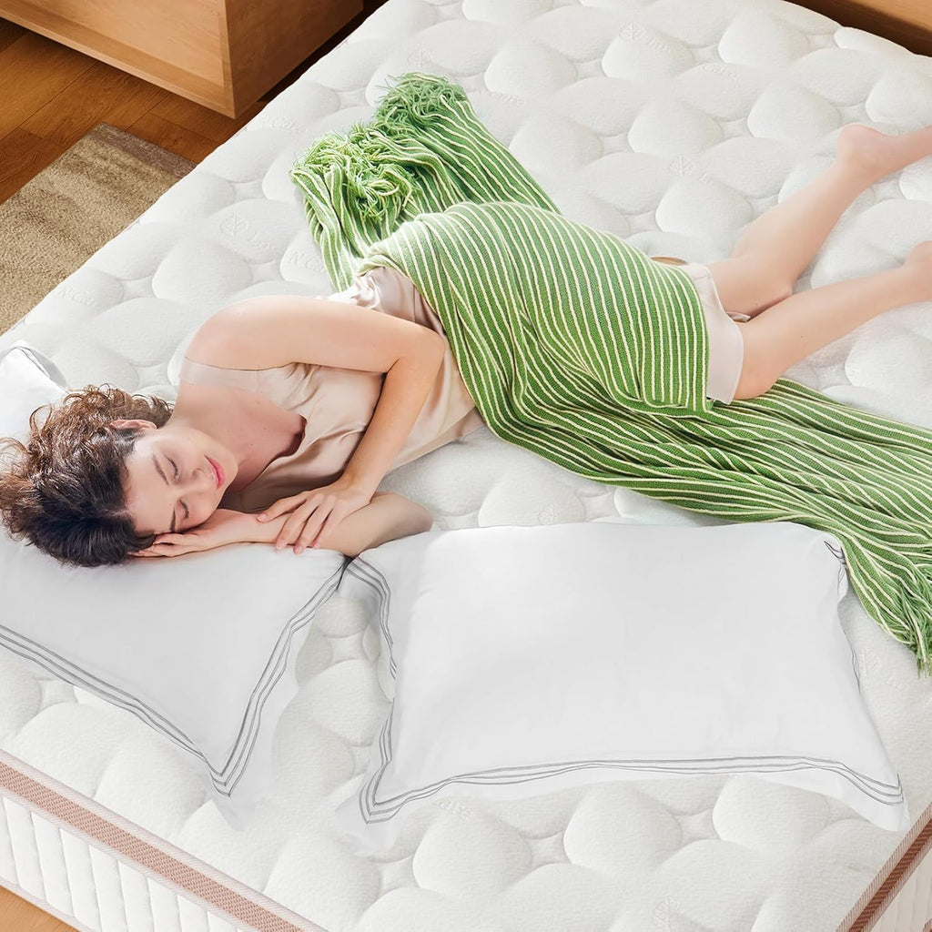Side sleeper resting on King Size Hybrid Mattress with gel memory foam, highlighting pressure relief and ergonomic support for restful sleep.