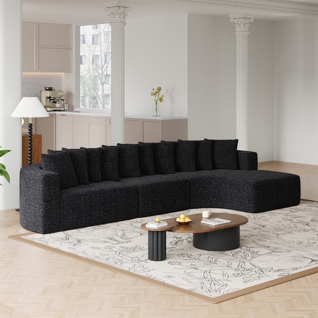 Chenille Sectional Sofa - Modular L-Shaped Sofa with curved back and plush pillows, ideal for modern interiors with neutral tones and minimal decor.