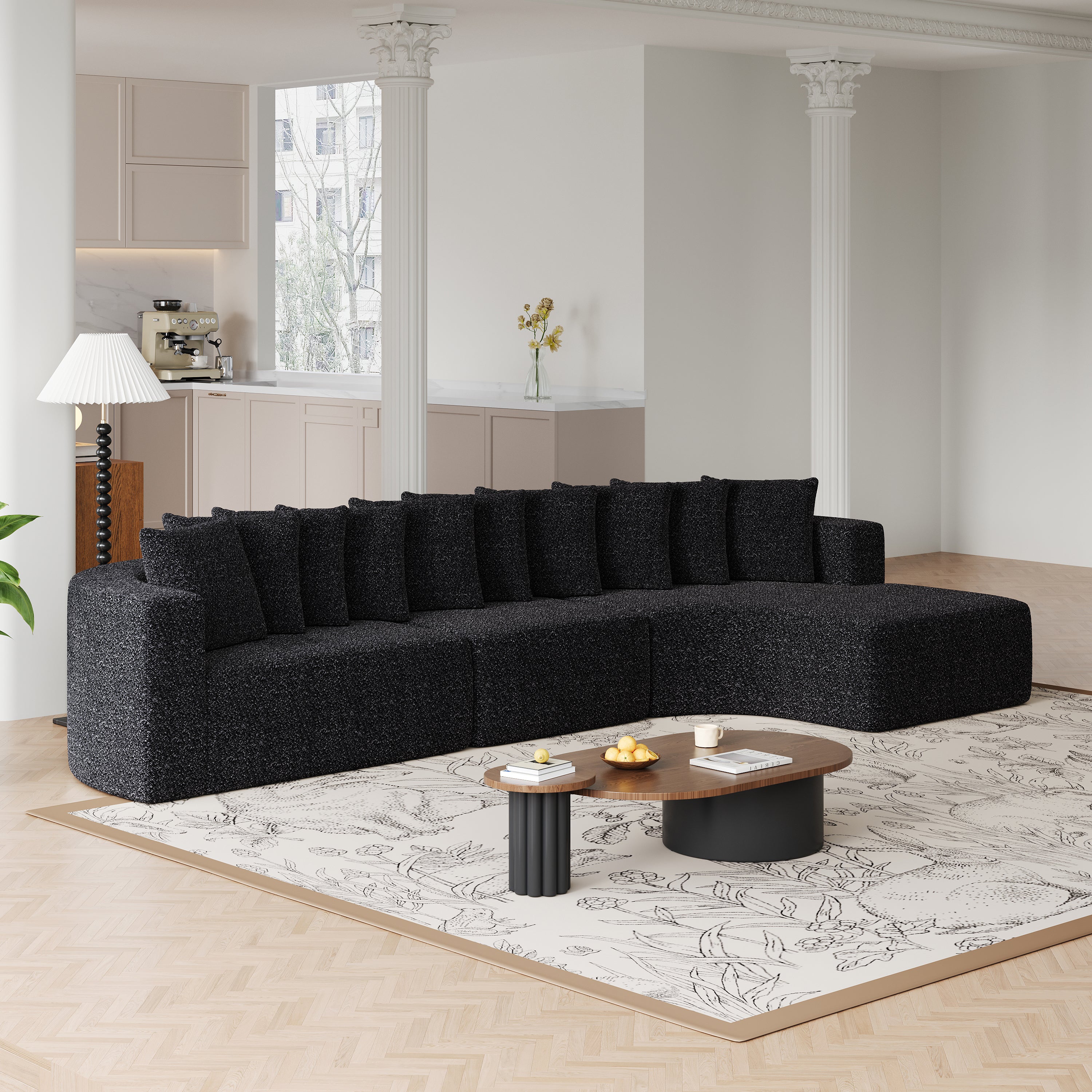 Chenille Sectional Sofa - Modular L-Shaped Sofa with curved back and plush pillows, ideal for modern interiors with neutral tones and minimal decor.