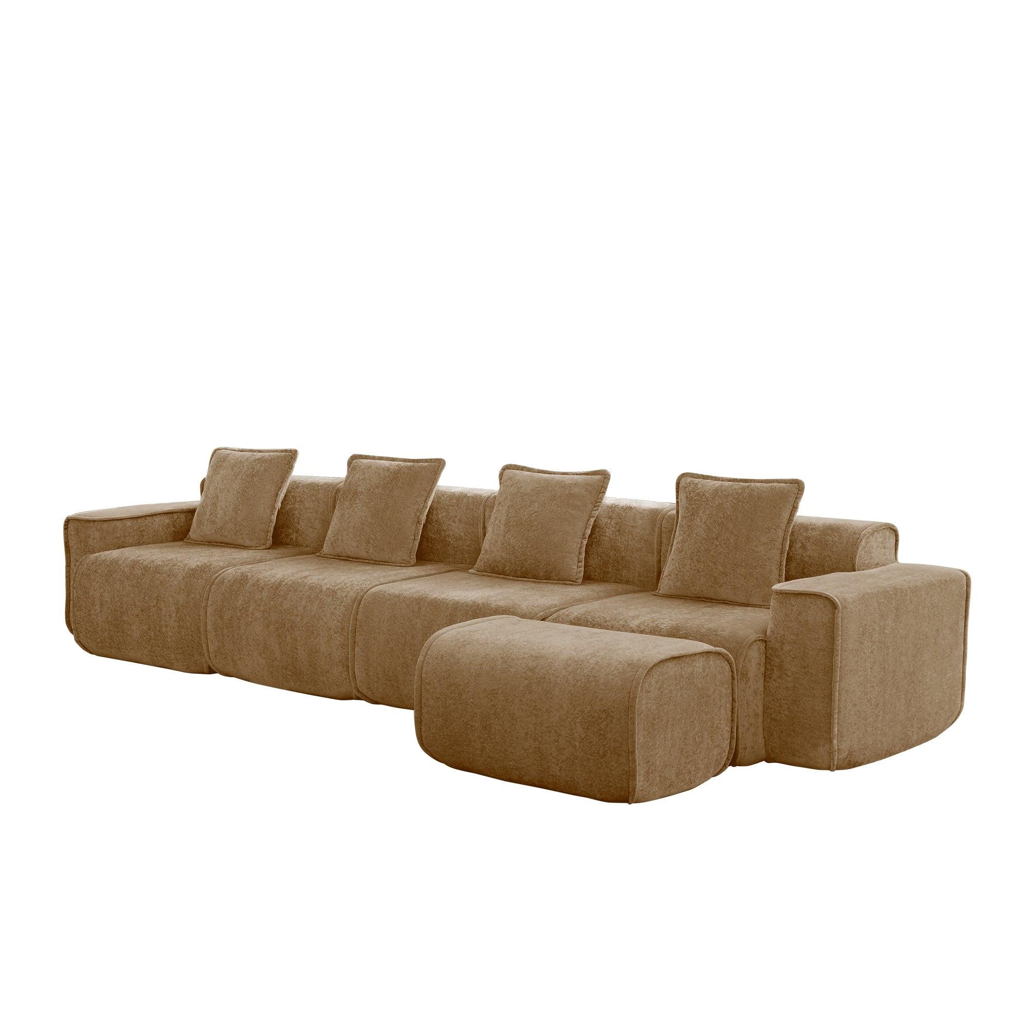 Modular L Shape Sofa: No-Assembly, Velvet Brown 4-Seater.