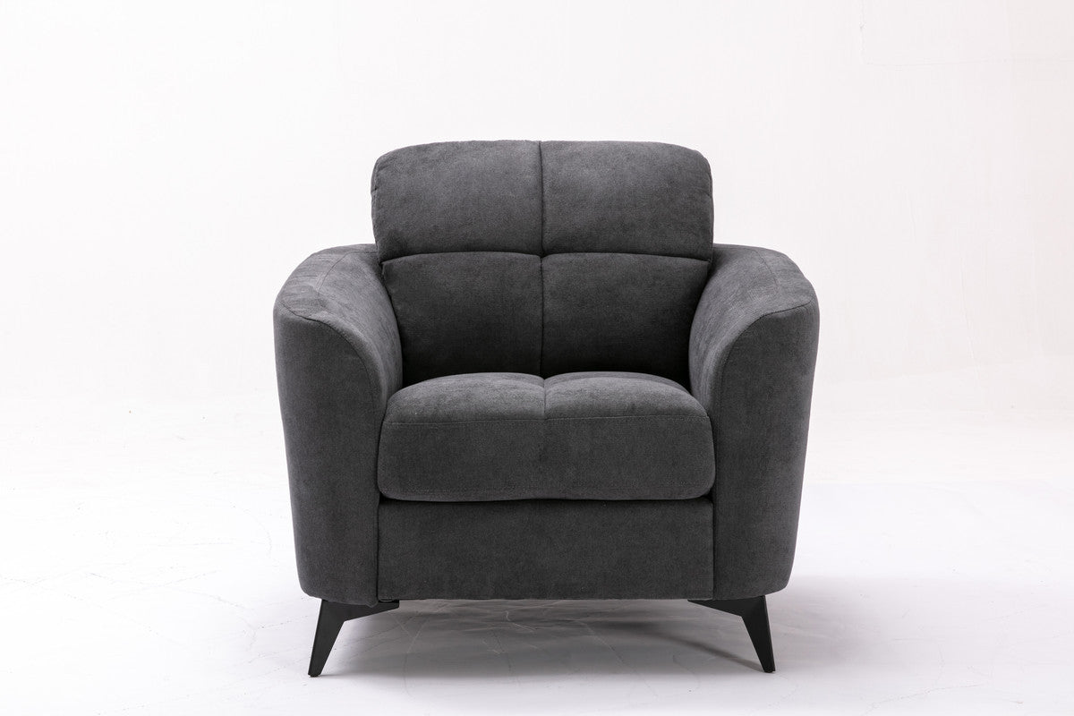 Front view of Callie 39' Chair - Gray Woven Fabric showing deep seat, tufted cushions, and angled black legs for a modern look.