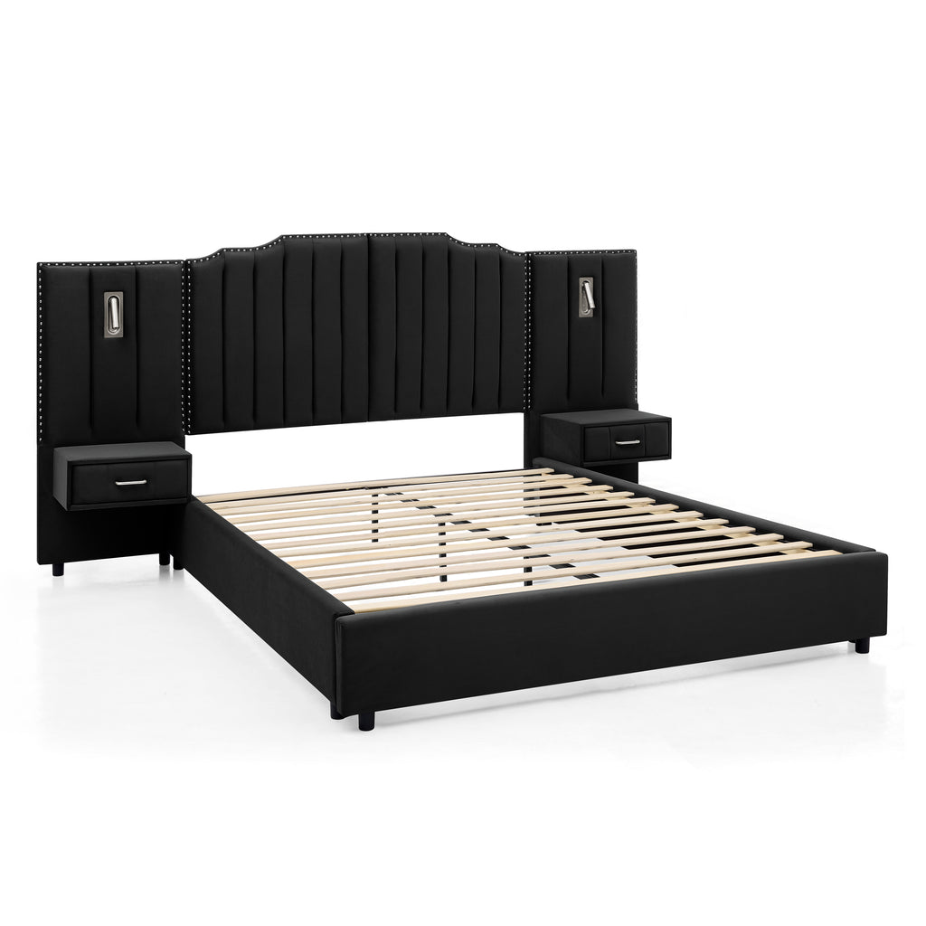 Queen size velvet bed frame with slatted base, vertical stripe headboard, and attached nightstands for a complete bedroom solution.