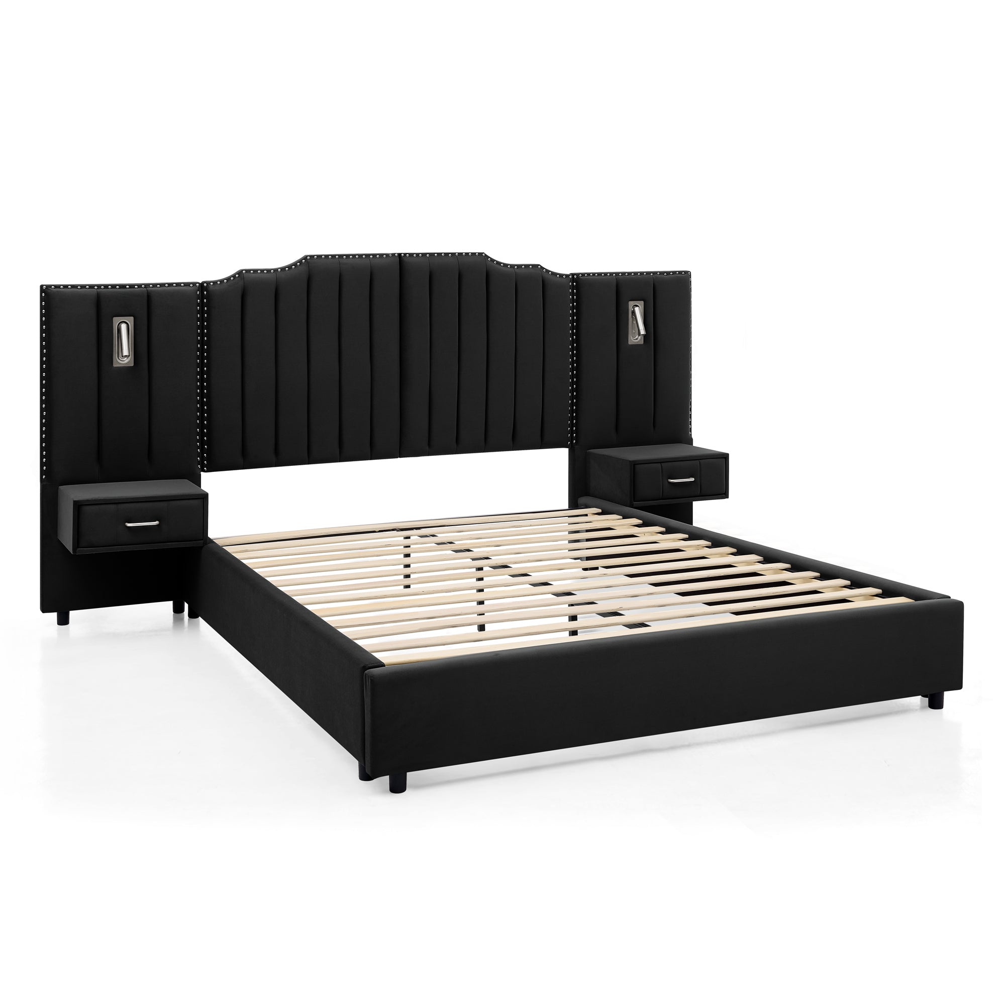Queen size velvet bed frame with slatted base, vertical stripe headboard, and attached nightstands for a complete bedroom solution.