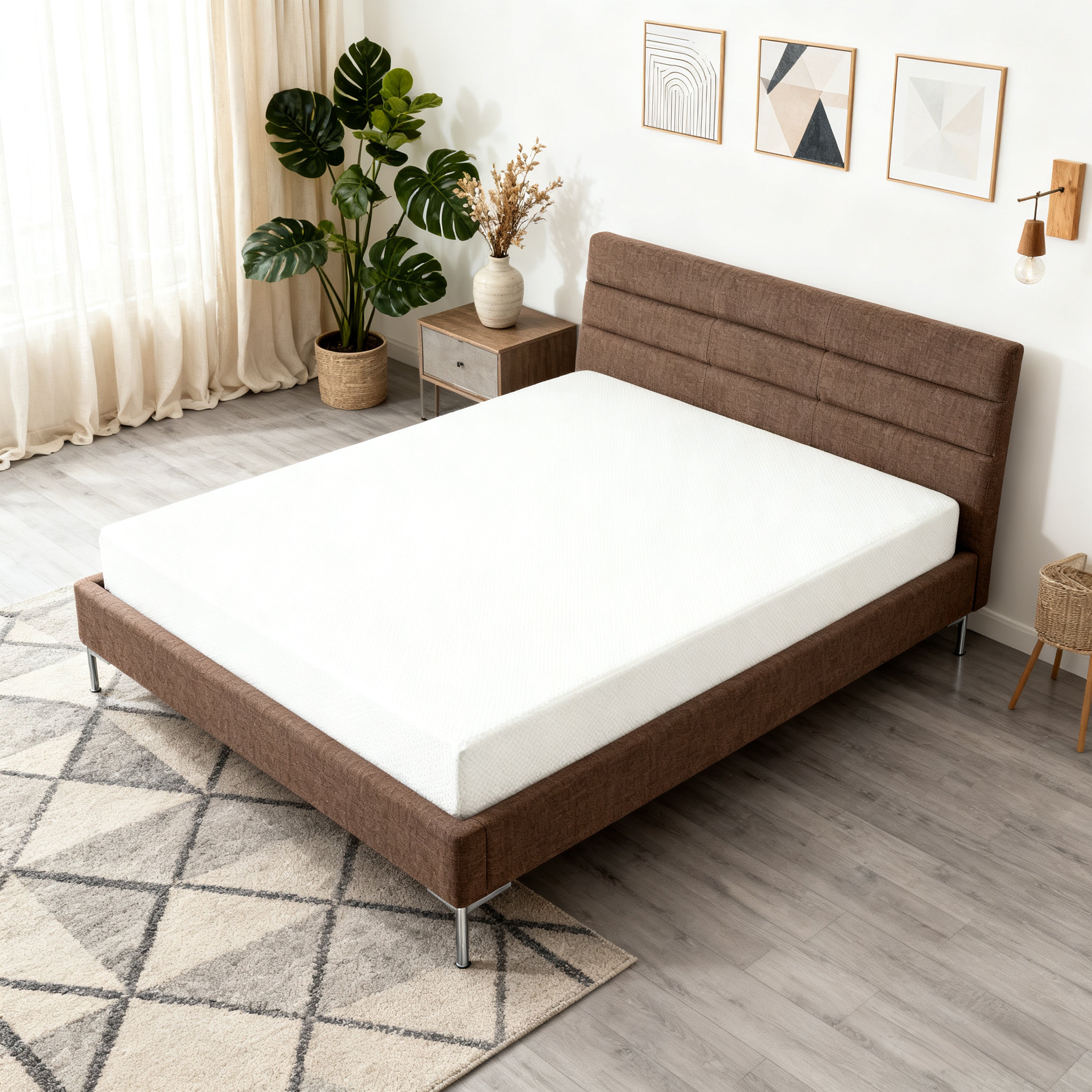 Memory Foam Mattress - Twin Green Tea shown on a modern brown bed frame in a cozy bedroom with natural light and minimalist decor.