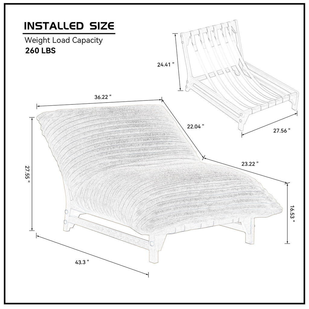 Corduroy sofa chair dimensions and weight capacity diagram, showing ergonomic design and easy assembly for home use.