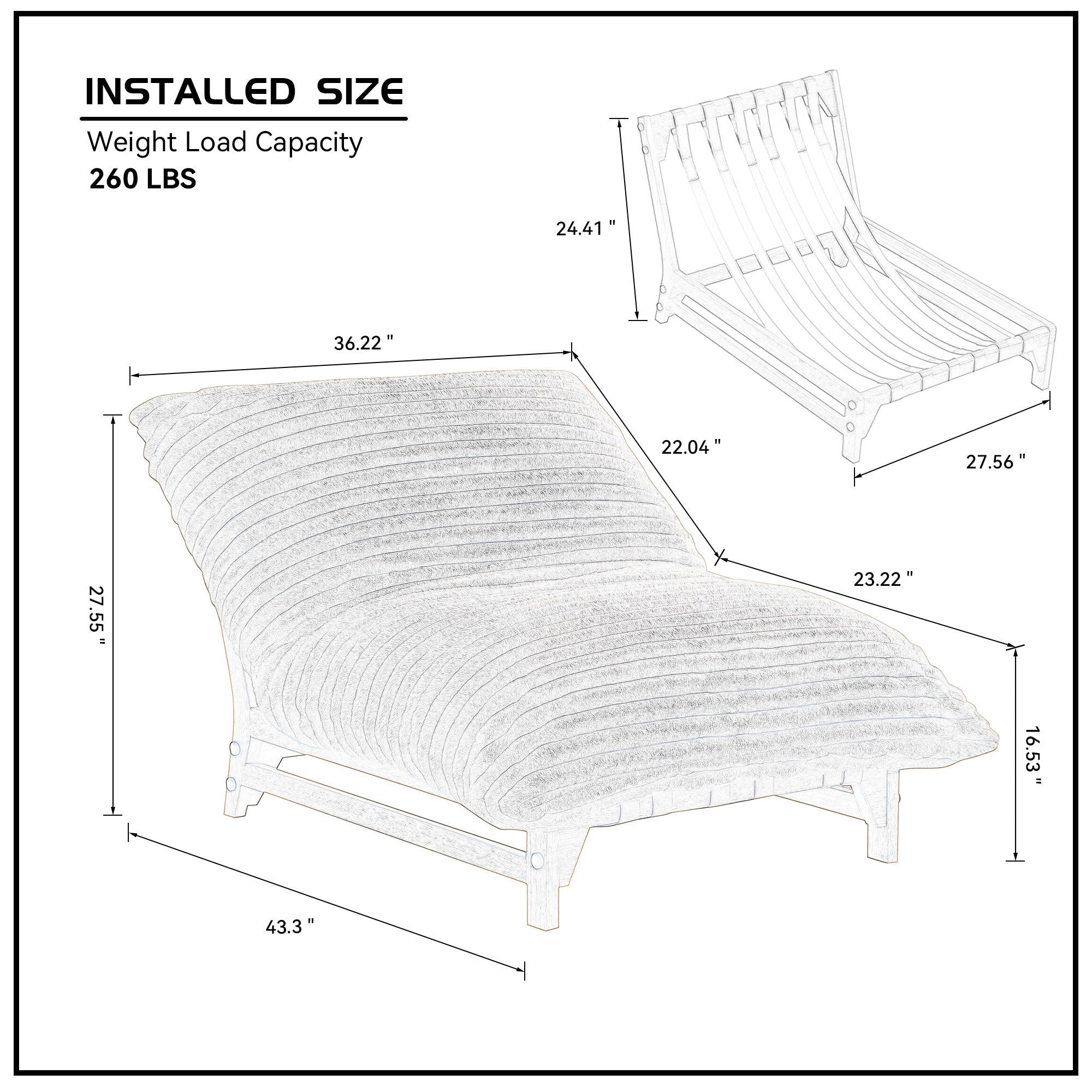 Corduroy Lazy Sofa dimensions and frame illustration showing 260 lbs weight capacity and ergonomic structure for single seat comfort.