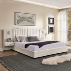 Elegant king size bed frame with solid structure, upholstered vertical panel headboard, and integrated drawers for stylish bedroom decor.