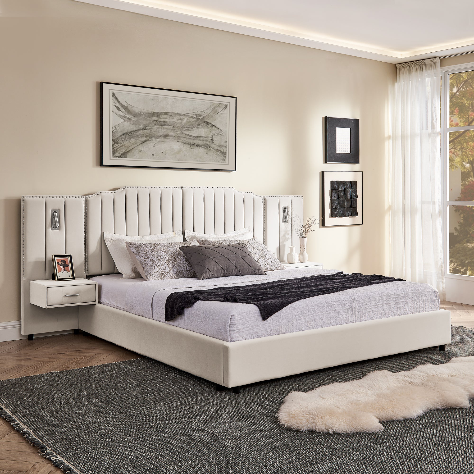 Elegant king size bed frame with solid structure, upholstered vertical panel headboard, and integrated drawers for stylish bedroom decor.