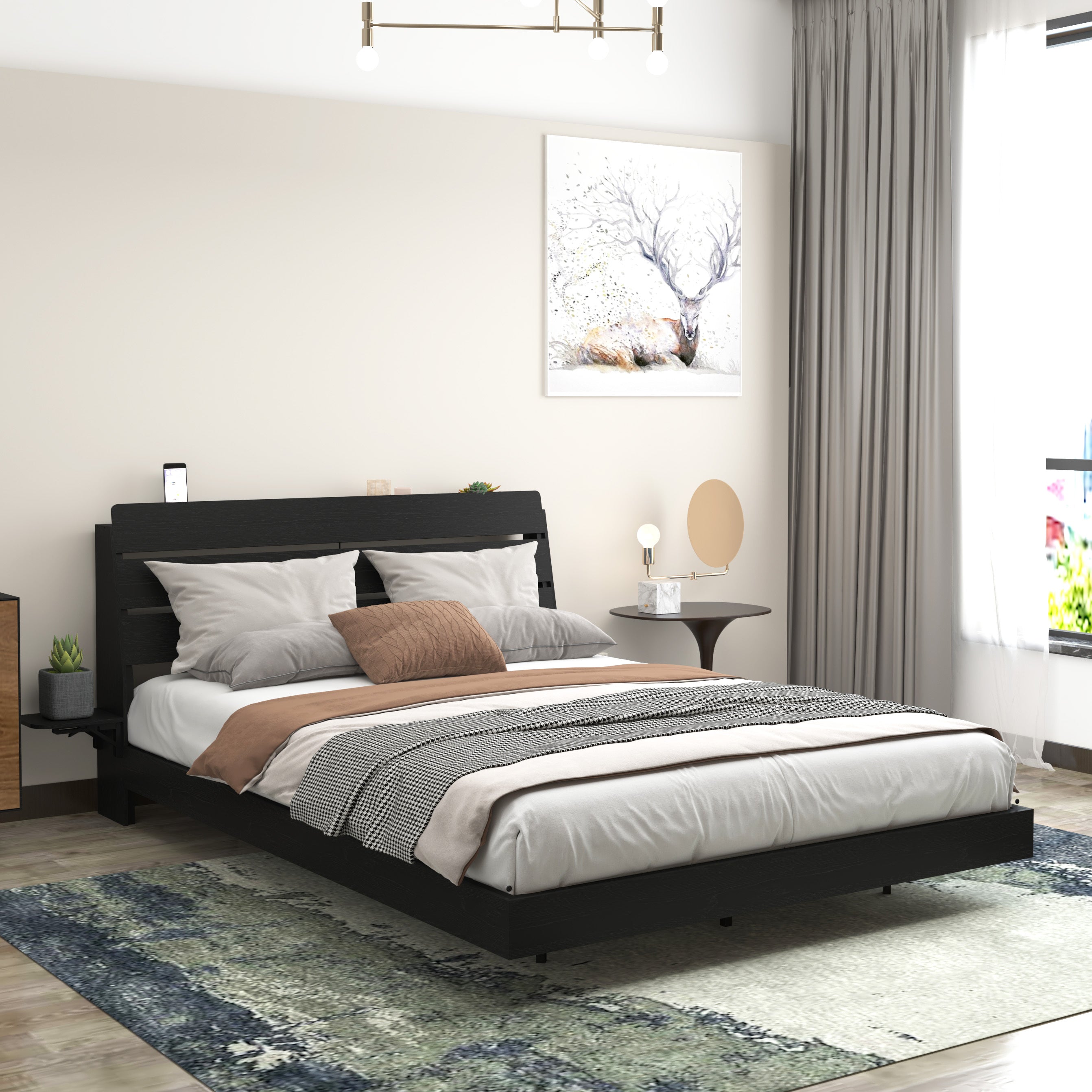 Queen Floating Bed Frame with LED lights and storage headboard in a modern bedroom. Features sleek black finish and minimalist design.