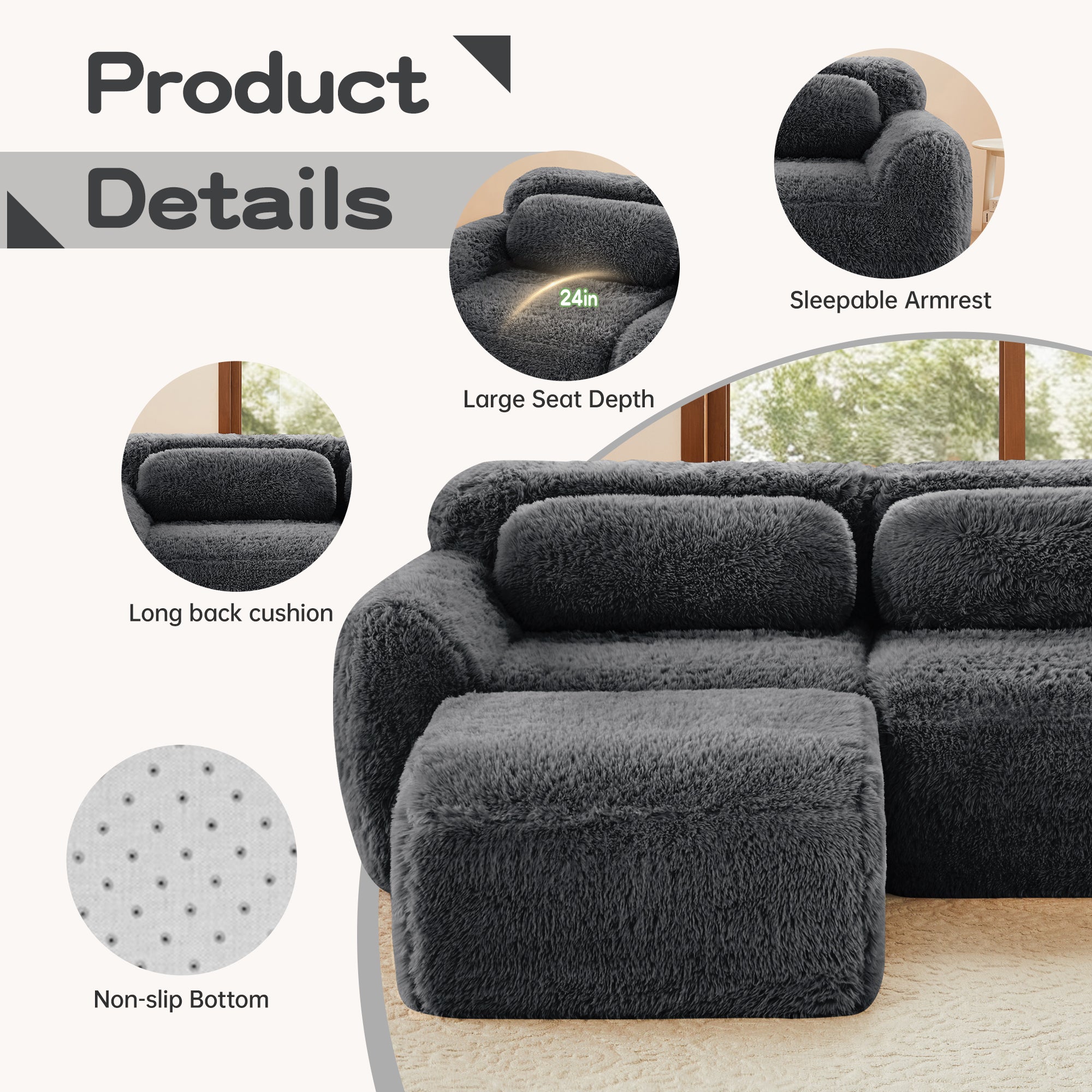Product details of L-Shaped Sectional Sofa - Modular Plush, featuring non-slip bottom, large seat depth, and sleepable armrest.