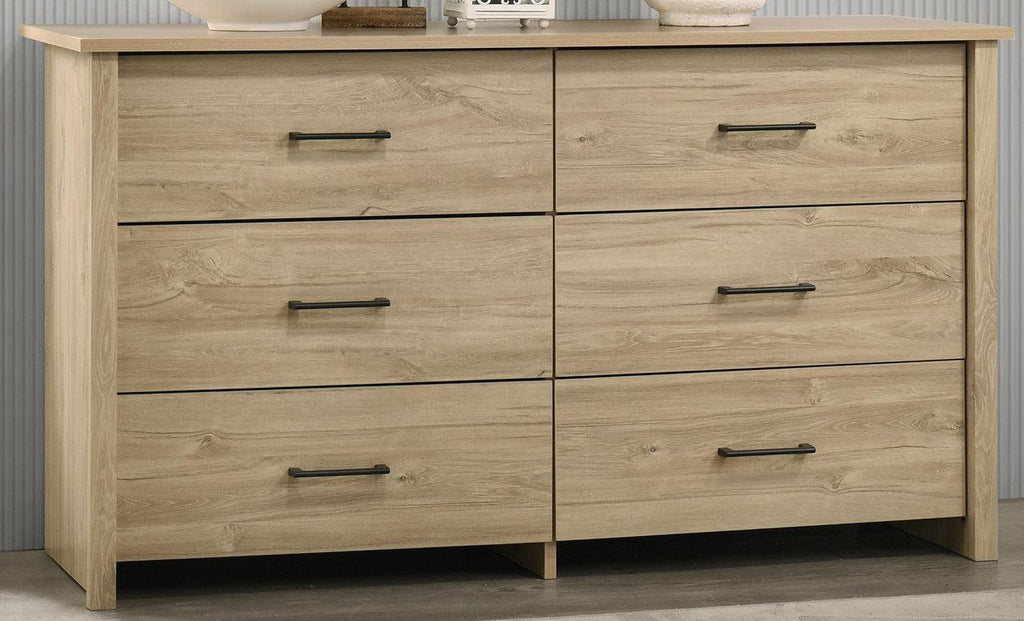 Light Oak 6-Drawer Dresser with Black Handles.