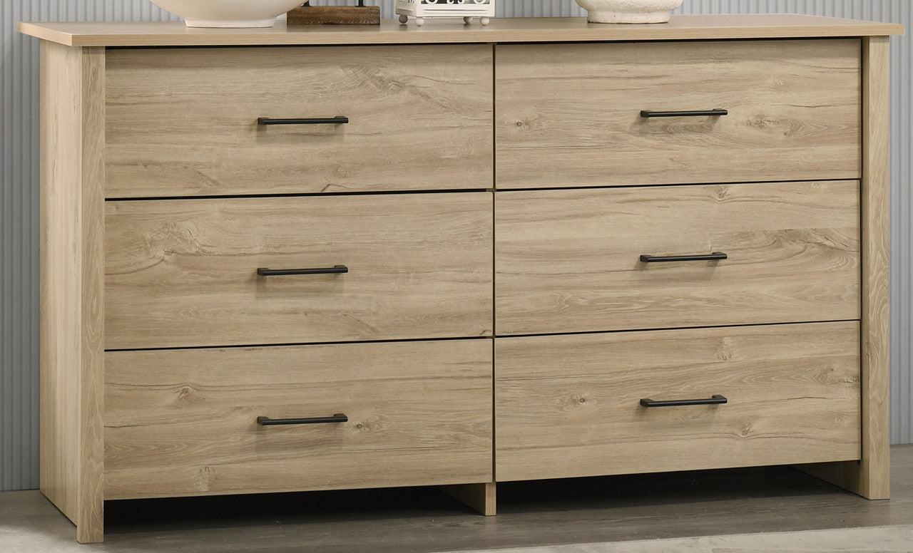 Light Oak 6-Drawer Dresser with Black Handles.