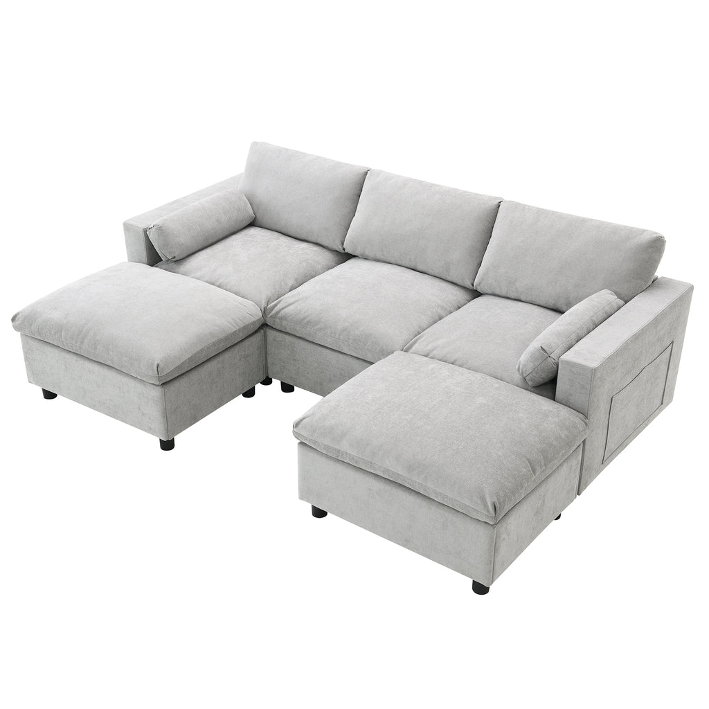 Chenille Modular Sofa - U-Shaped Couch with Storage shown from above at an angle, emphasizing its plush cushions and modular ottomans.