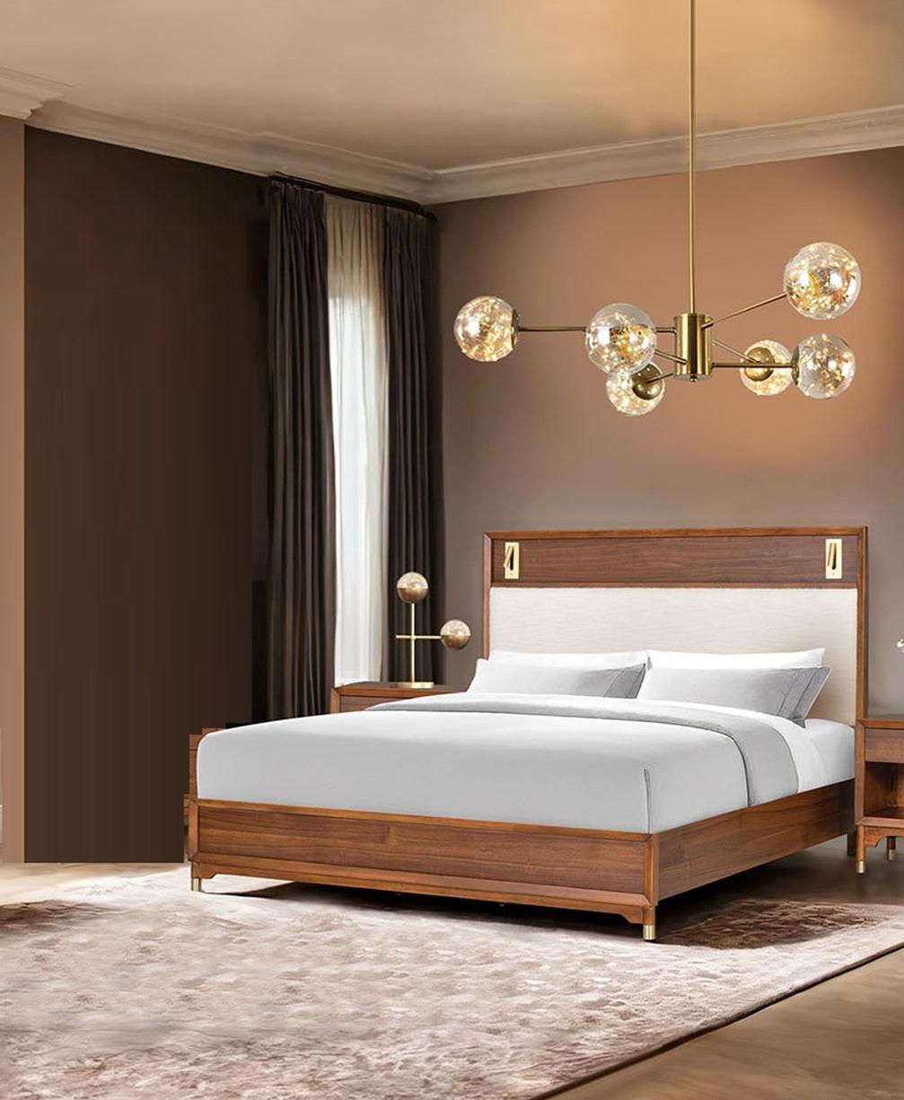 Mid-Century Modern King Size Bed with Upholstered Headboard.