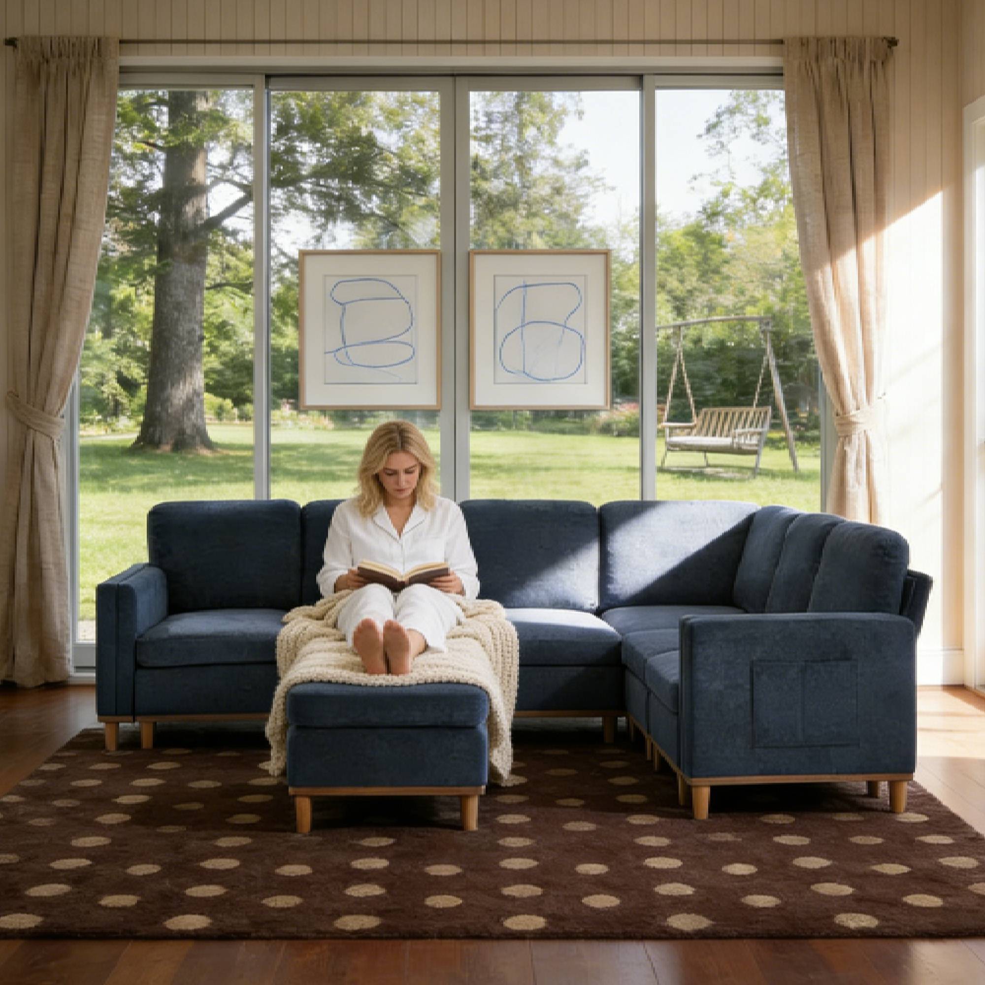 Woman relaxing on modular sofa for modern living, demonstrating comfort and flexibility in a bright home environment with natural light.