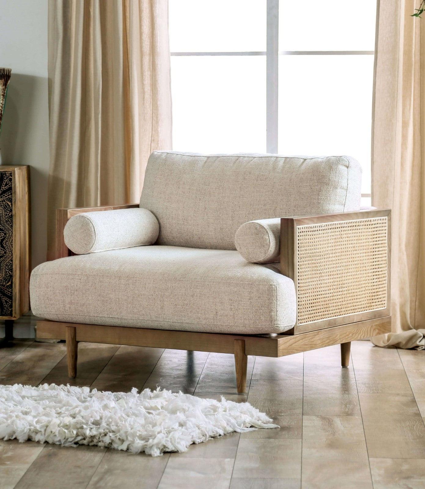 Mid-Century Modern Chair with Beige Fabric and Tapered Legs.