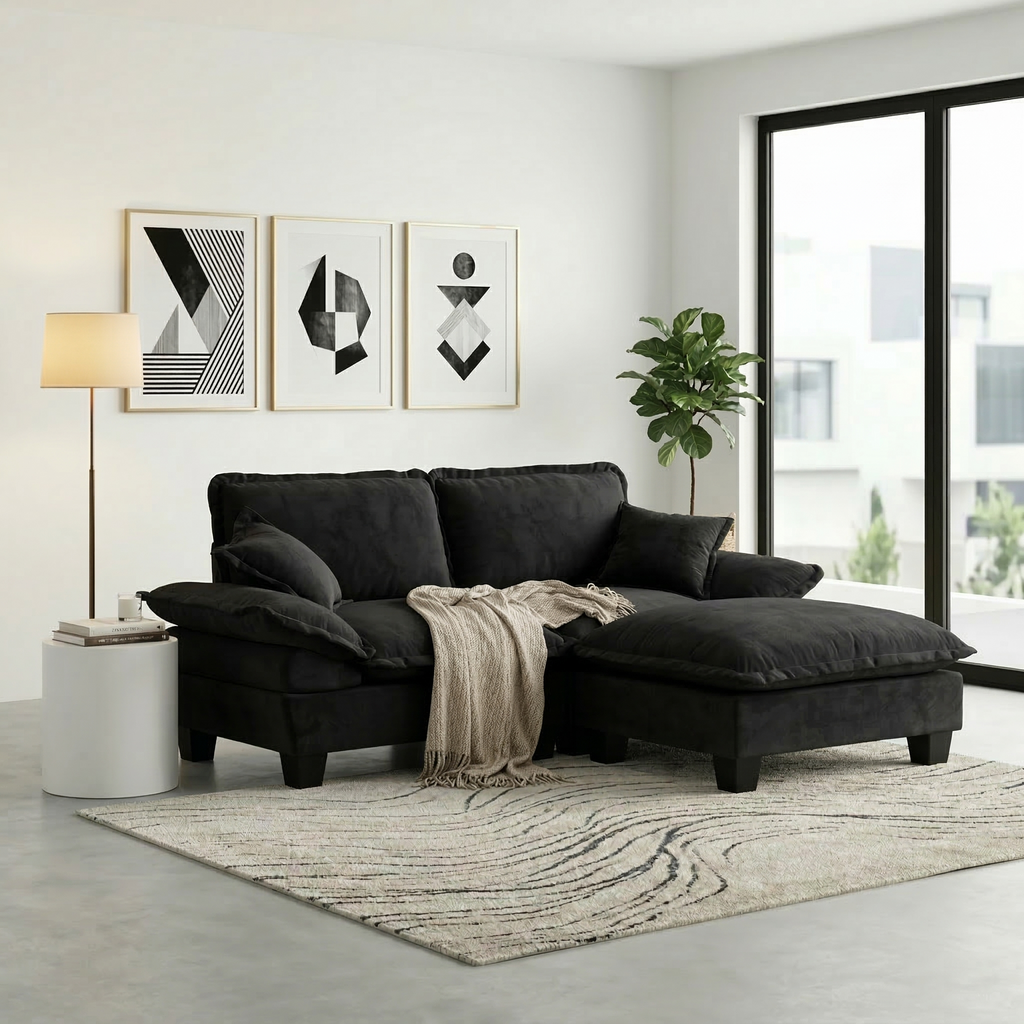 Modern 3-Seat Chenille Modular Sectional Sofa in Black with Ottoman