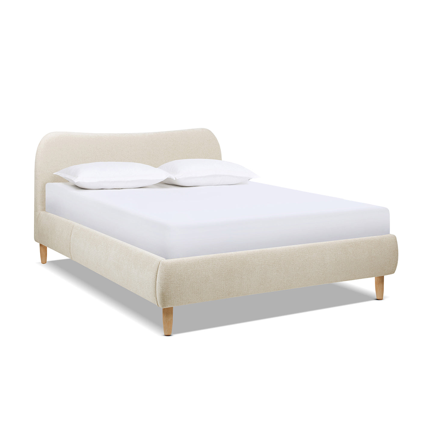 Beige Upholstered Platform Bed with Curved Headboard shown without bedding, highlighting its minimalist design and eco-friendly wood frame.
