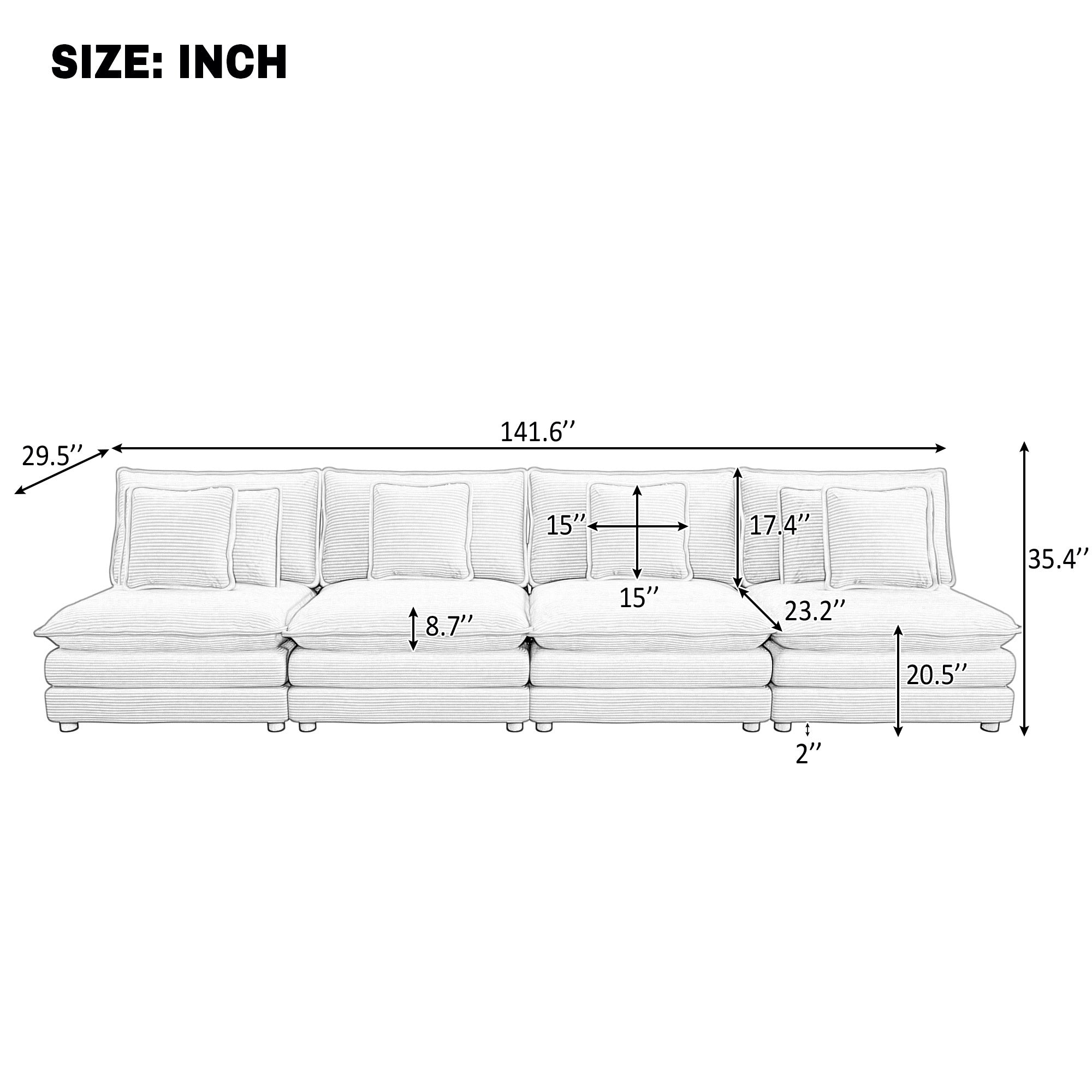 Brown Corduroy Modular Sofa - Adjustable Pillows | Durable sofa dimensions chart with detailed measurements for seat depth, height, and width.