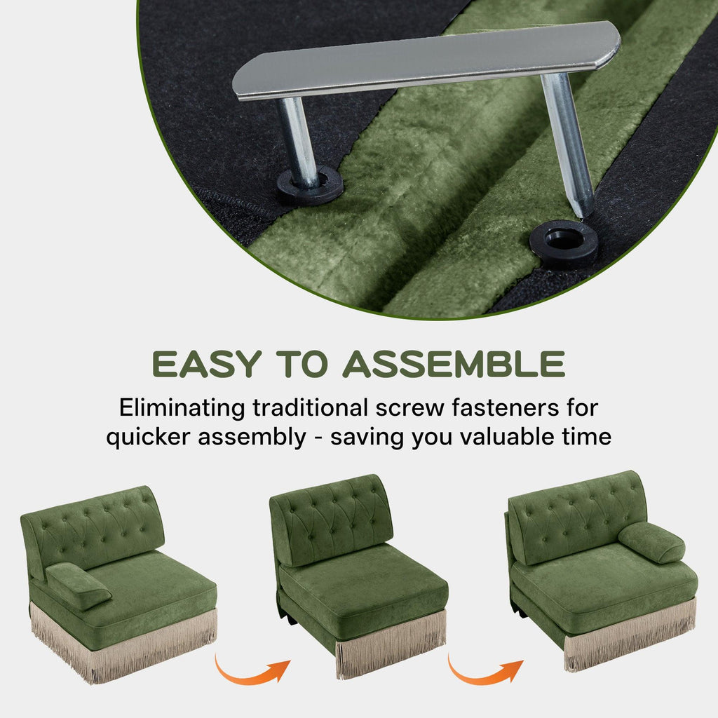 Modular Velvet Sofa in Green with Tassel Skirt.