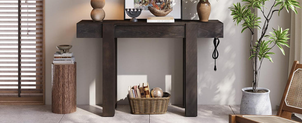 Rustic Console Table with Power Outlet and Hidden Drawer.