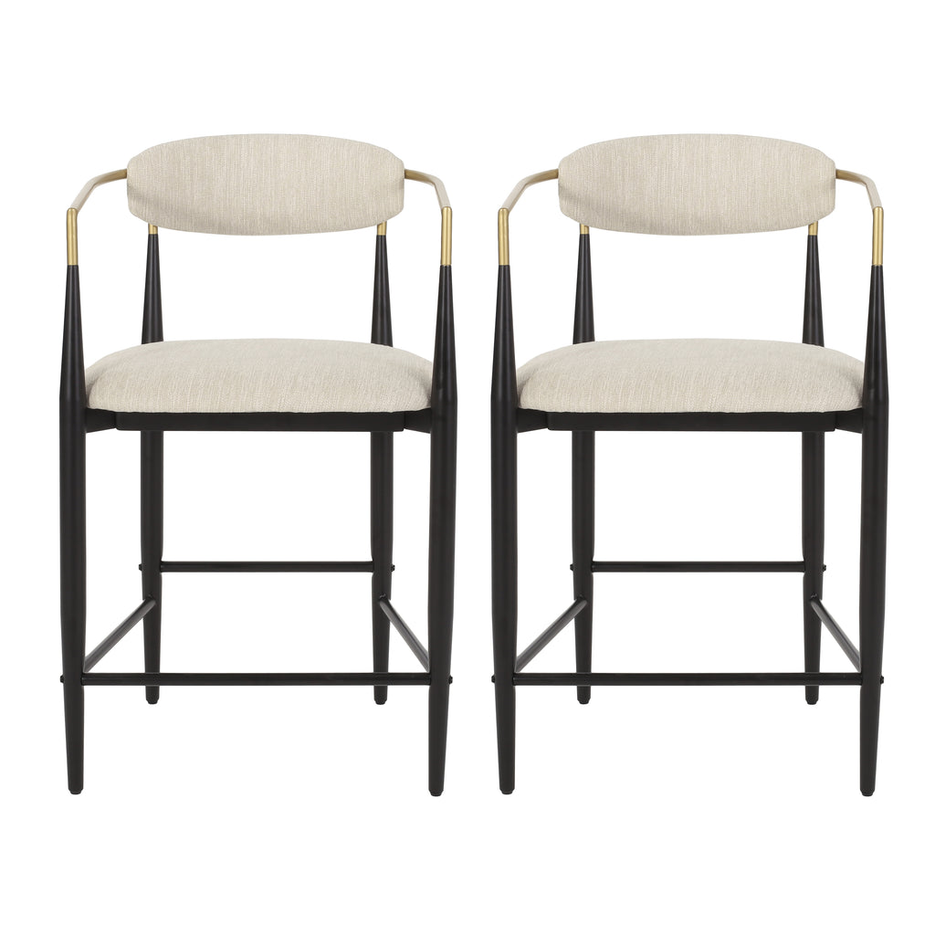 Front view of modern counter stools set with elegant open back, beige cushions, and durable black and gold iron frame.