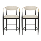 Front view of modern counter stools set with elegant open back, beige cushions, and durable black and gold iron frame.
