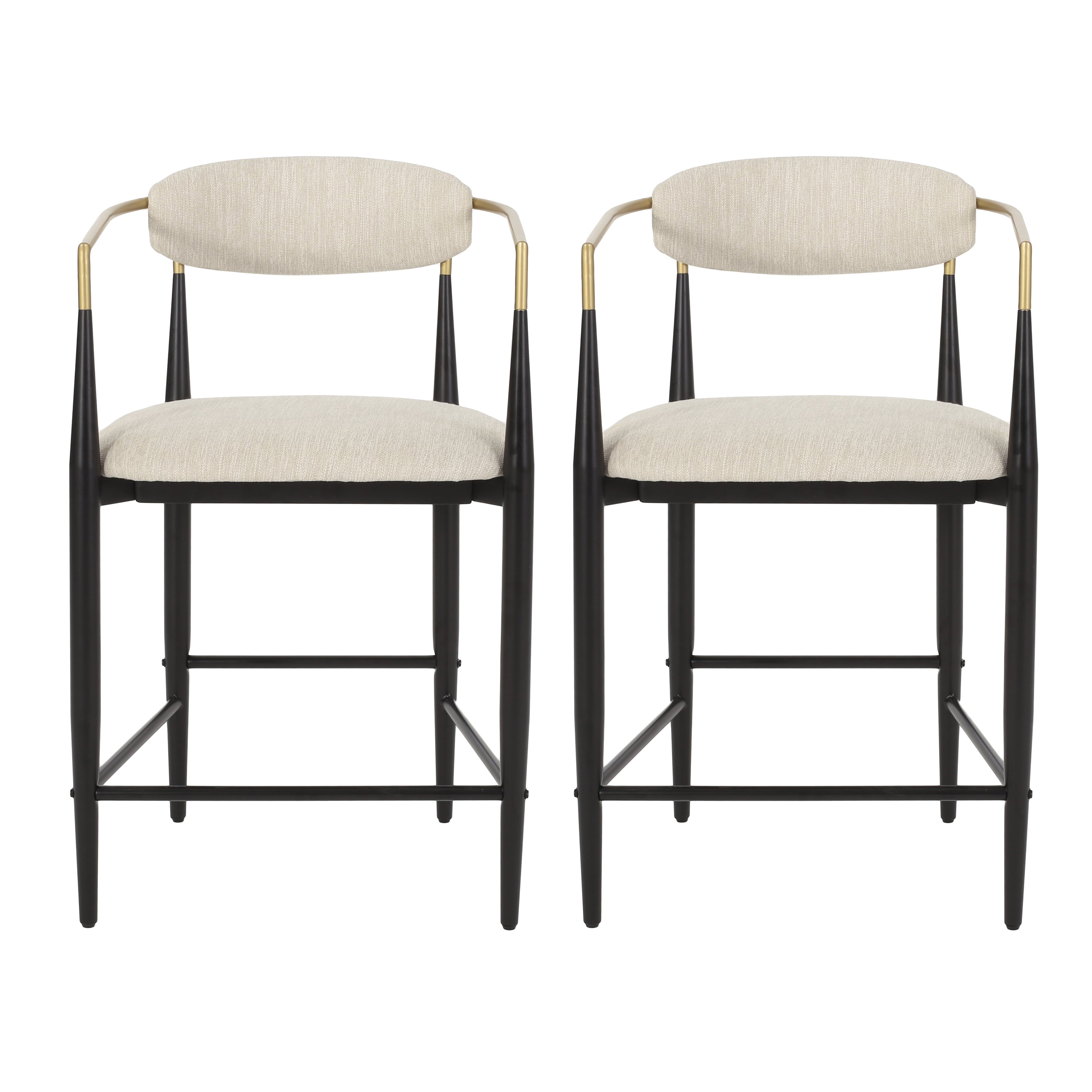 Front view of modern counter stools set with elegant open back, beige cushions, and durable black and gold iron frame.
