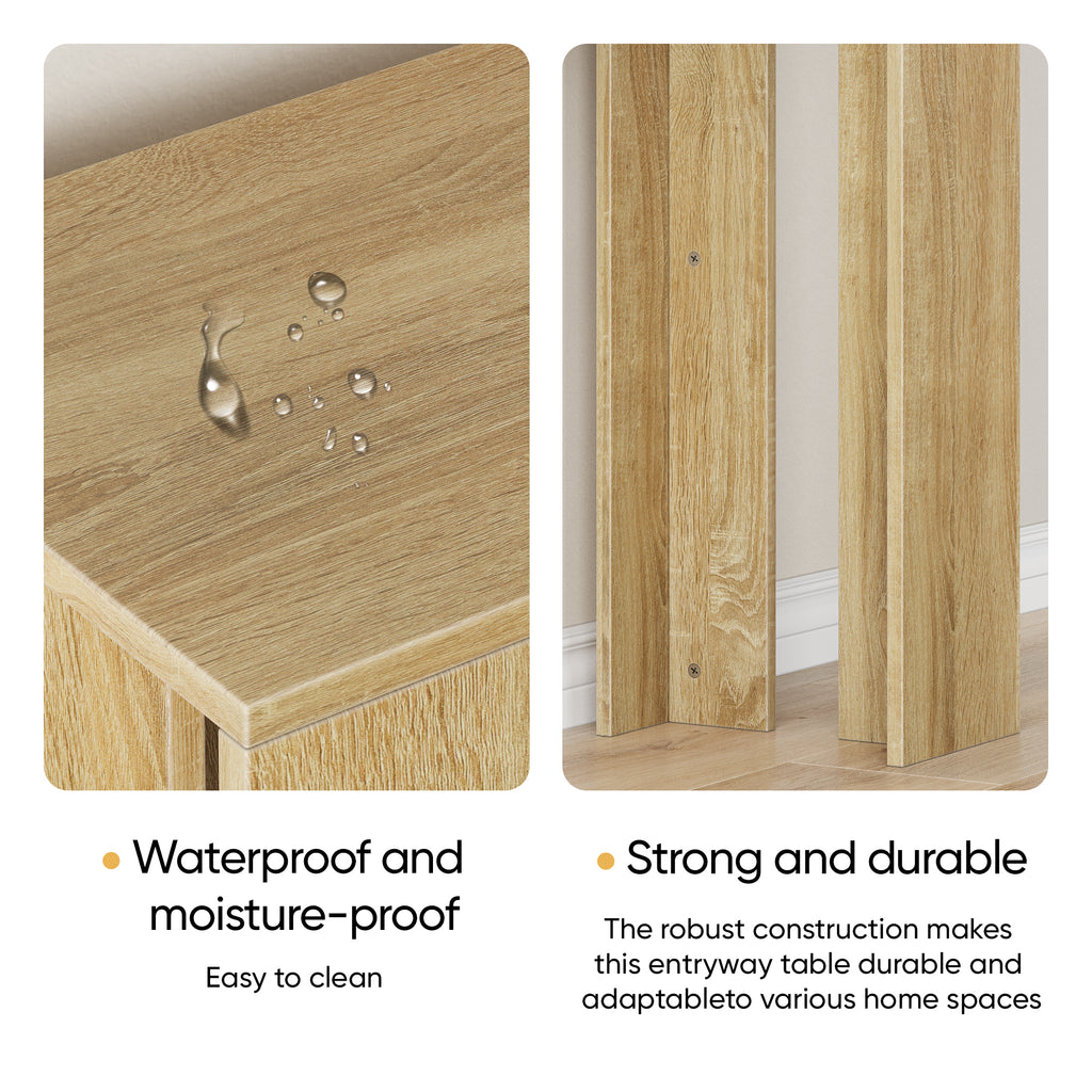 Farmhouse Oak Console Table - Extra-Long Entryway Table features waterproof MDF top and durable legs, ideal for high-traffic home areas.