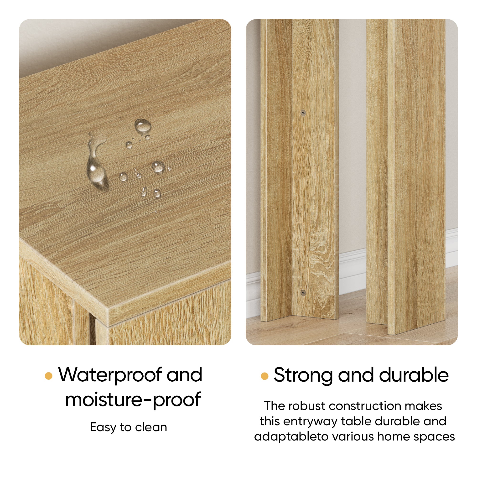 Farmhouse Oak Console Table - Extra-Long Entryway Table features waterproof MDF top and durable legs, ideal for high-traffic home areas.