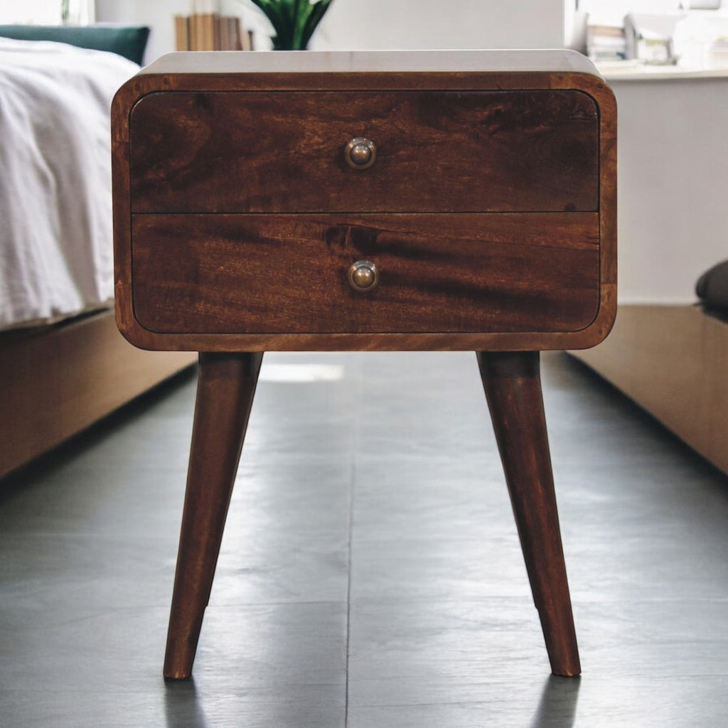 Solid Wood Curved California Walnut Nightstand, 2-Drawers, Nordic Legs, Dark Brown