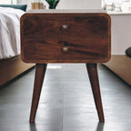 Solid Wood Curved California Walnut Nightstand, 2-Drawers, Nordic Legs, Dark Brown
