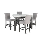 Jasmine Bar Table set with 4 grey upholstered chairs, featuring a triangular grey marble top and arched legs for stylish dining.