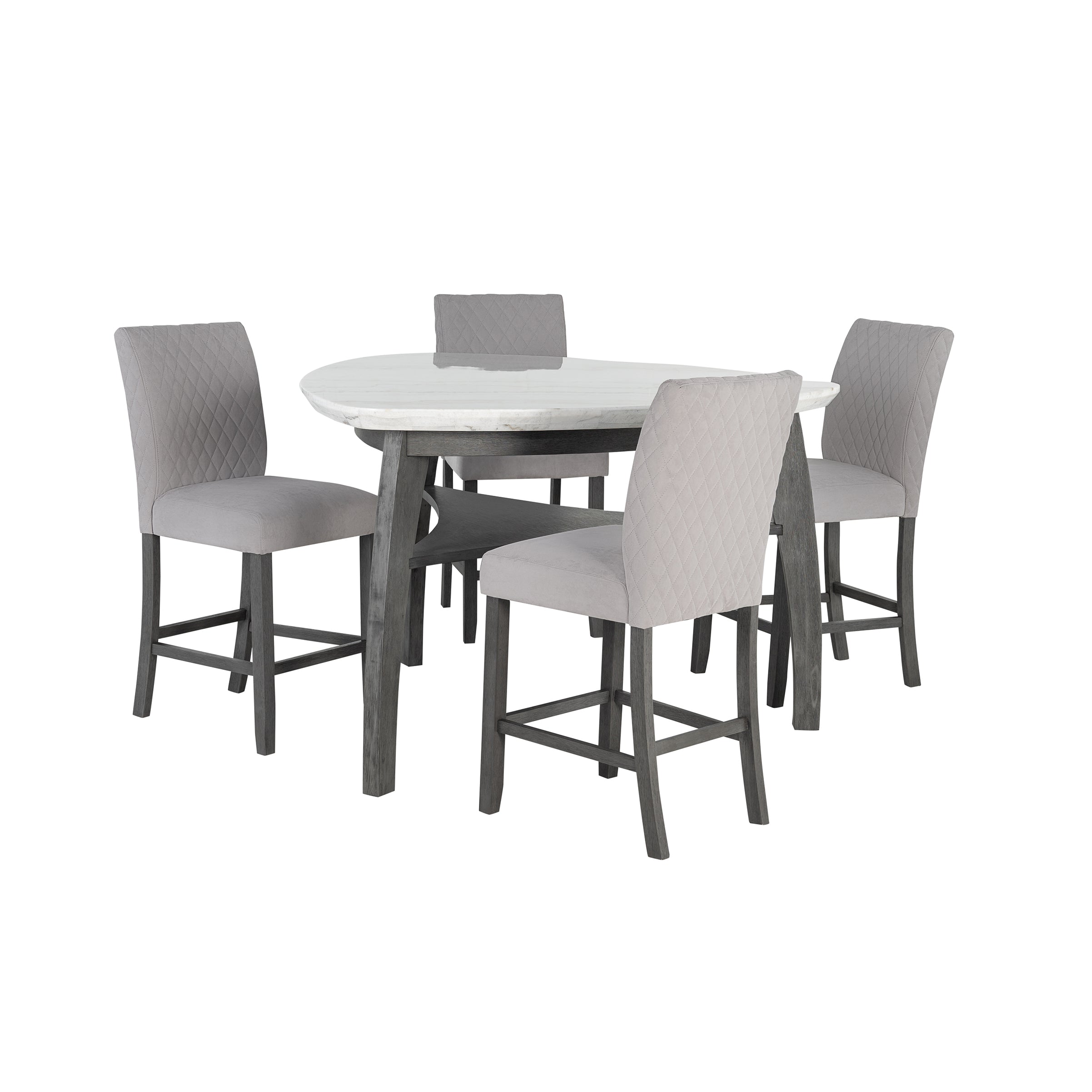 Jasmine Bar Table set with 4 grey upholstered chairs, featuring a triangular grey marble top and arched legs for stylish dining.