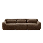 Front view of 114'' modular sofa in chocolate plush, showcasing its soft, no-assembly design and modern aesthetic.