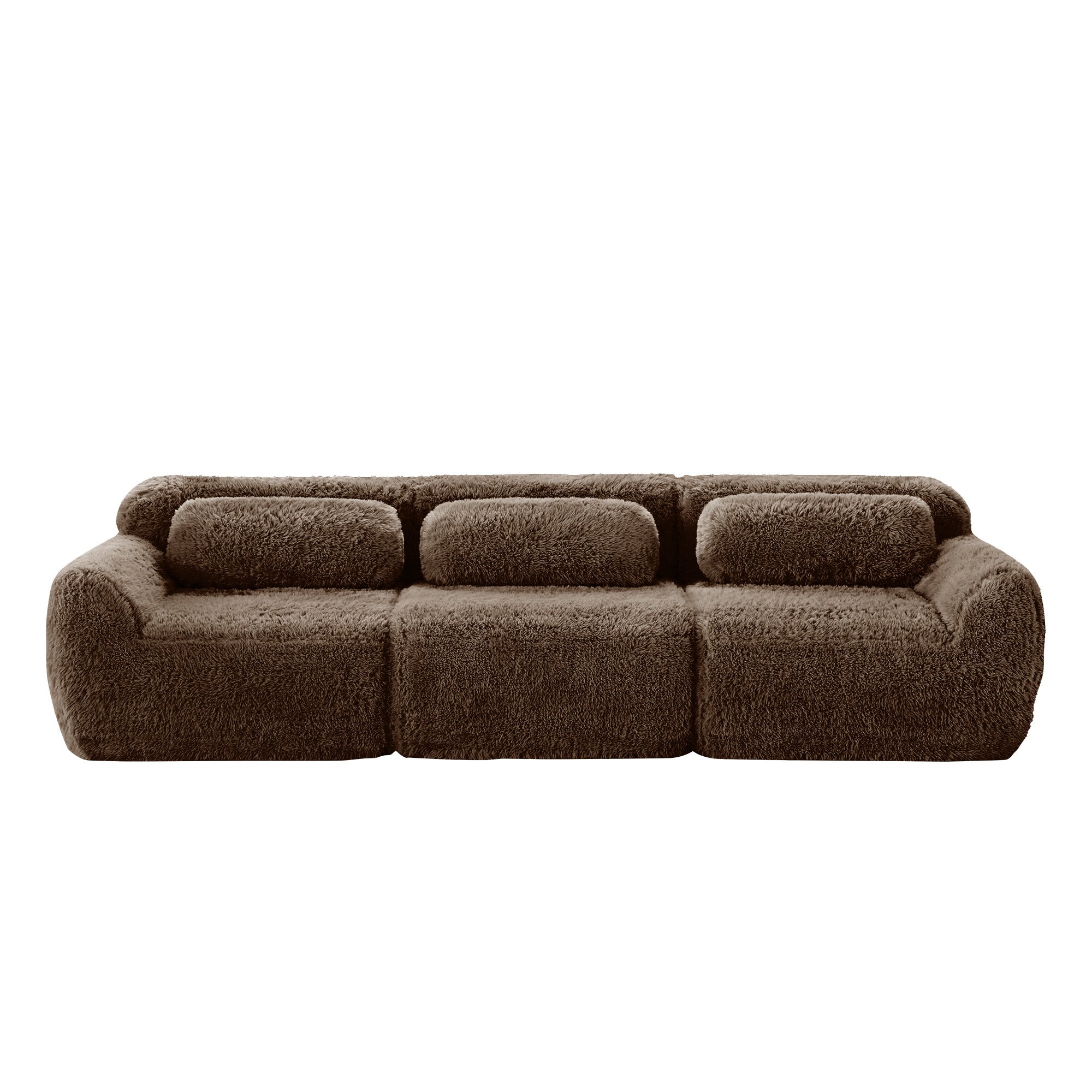 Front view of 114'' modular sofa in chocolate plush, showcasing its soft, no-assembly design and modern aesthetic.