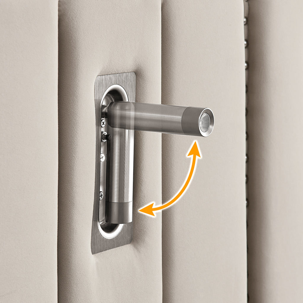 Adjustable reading light mounted on upholstered headboard of king bed frame, offering flexible lighting for nighttime reading.