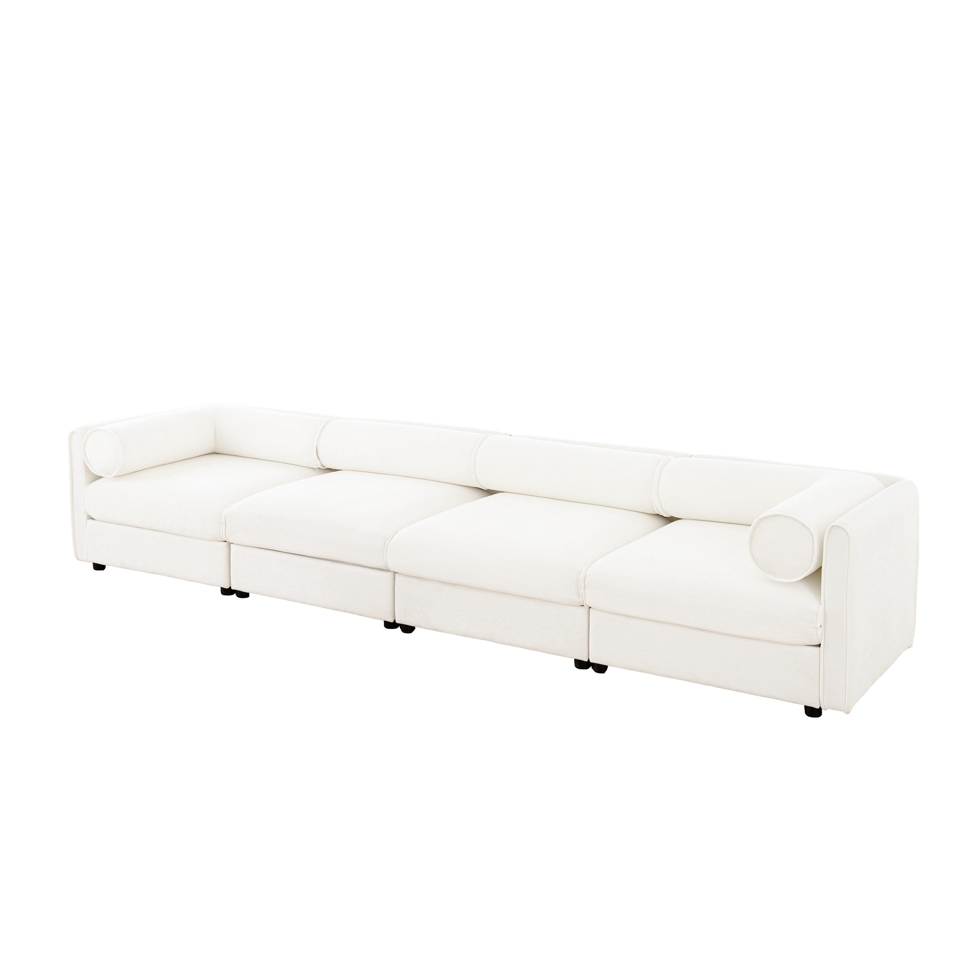 White 4-seat modular sectional sofa in textured chenille with cylindrical bolsters against a plain white background.