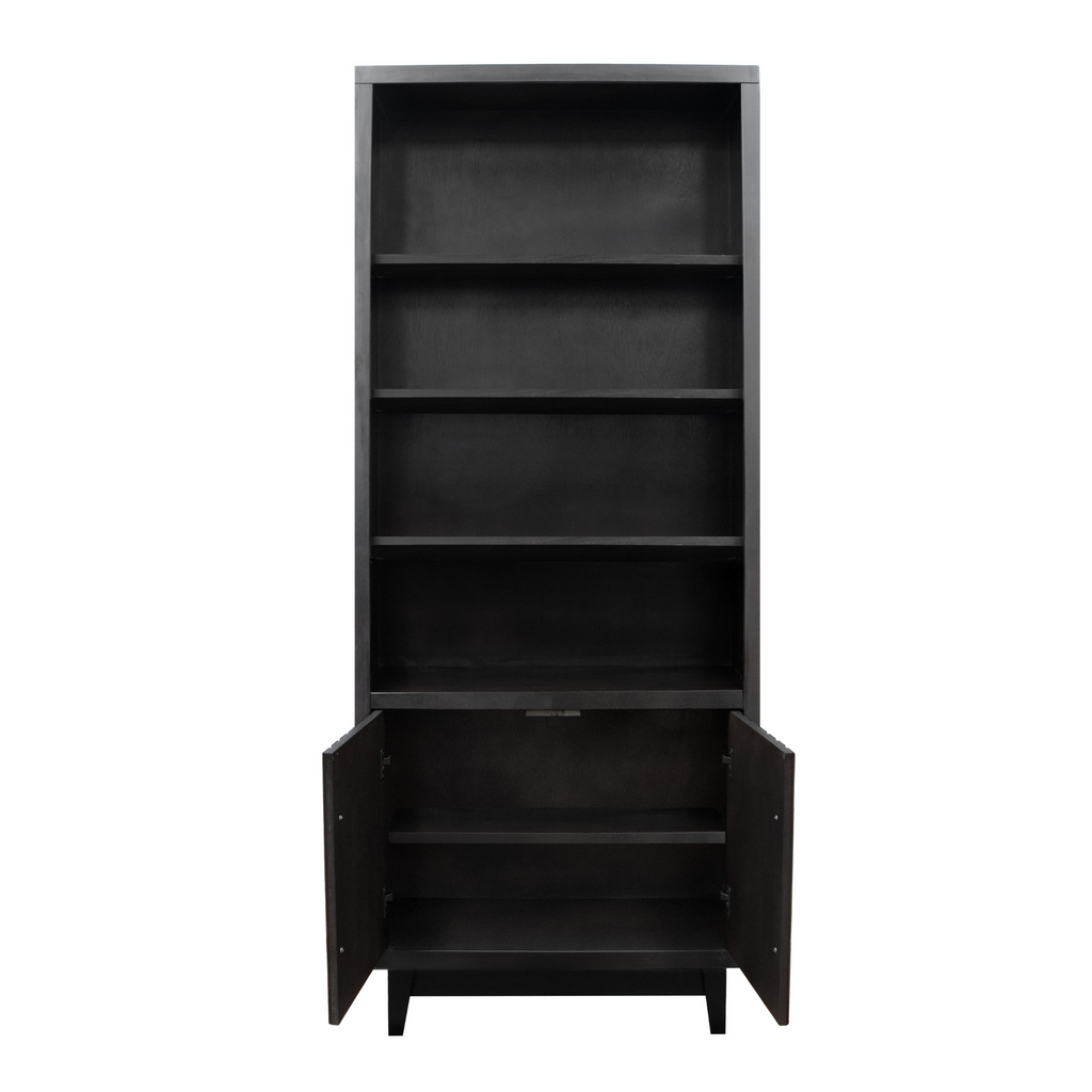 Front view of Radiance Black 78 inch Bookcase Pier with cabinet doors open, revealing additional concealed storage space.