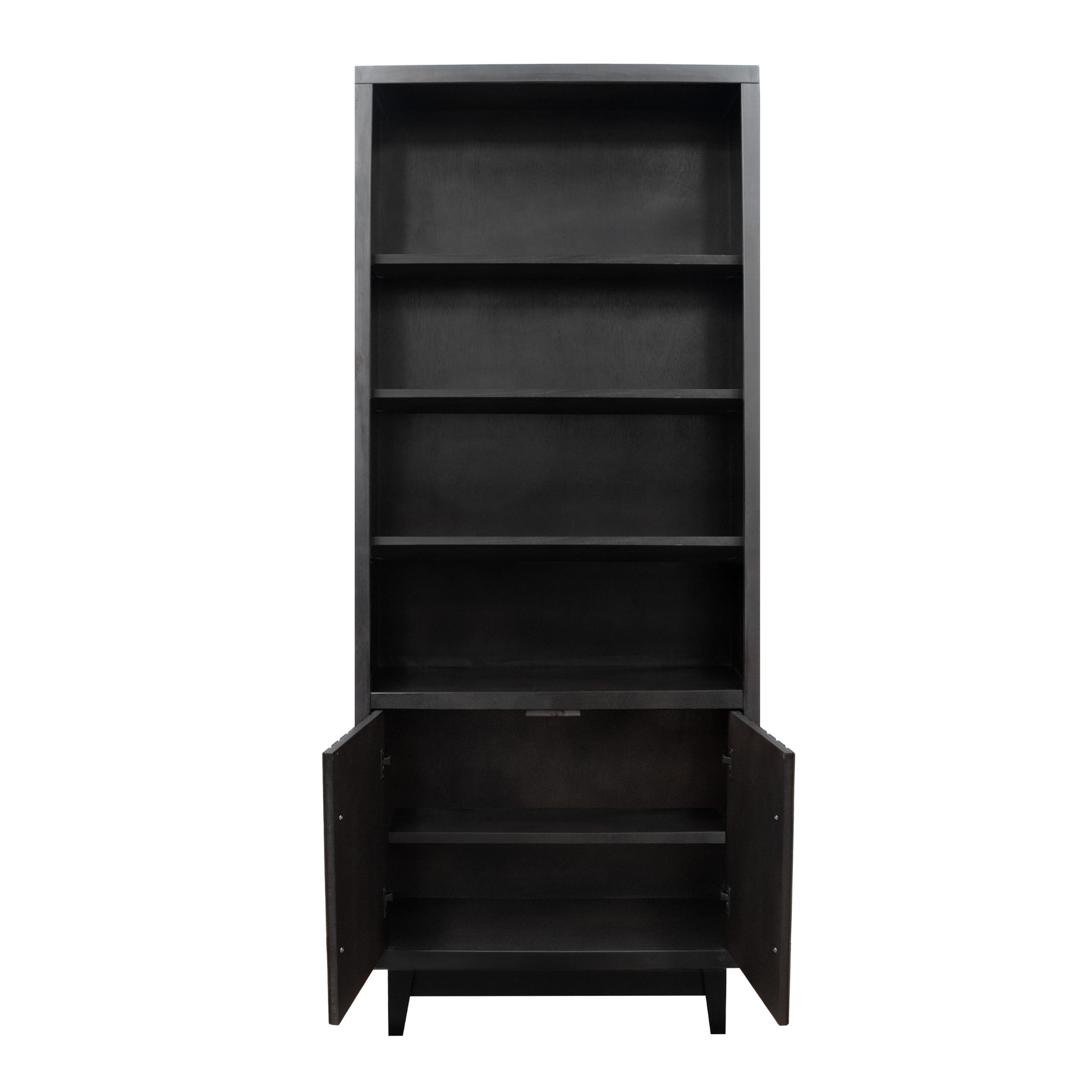 Front view of Radiance Black 78 inch Bookcase Pier with cabinet doors open, revealing additional concealed storage space.