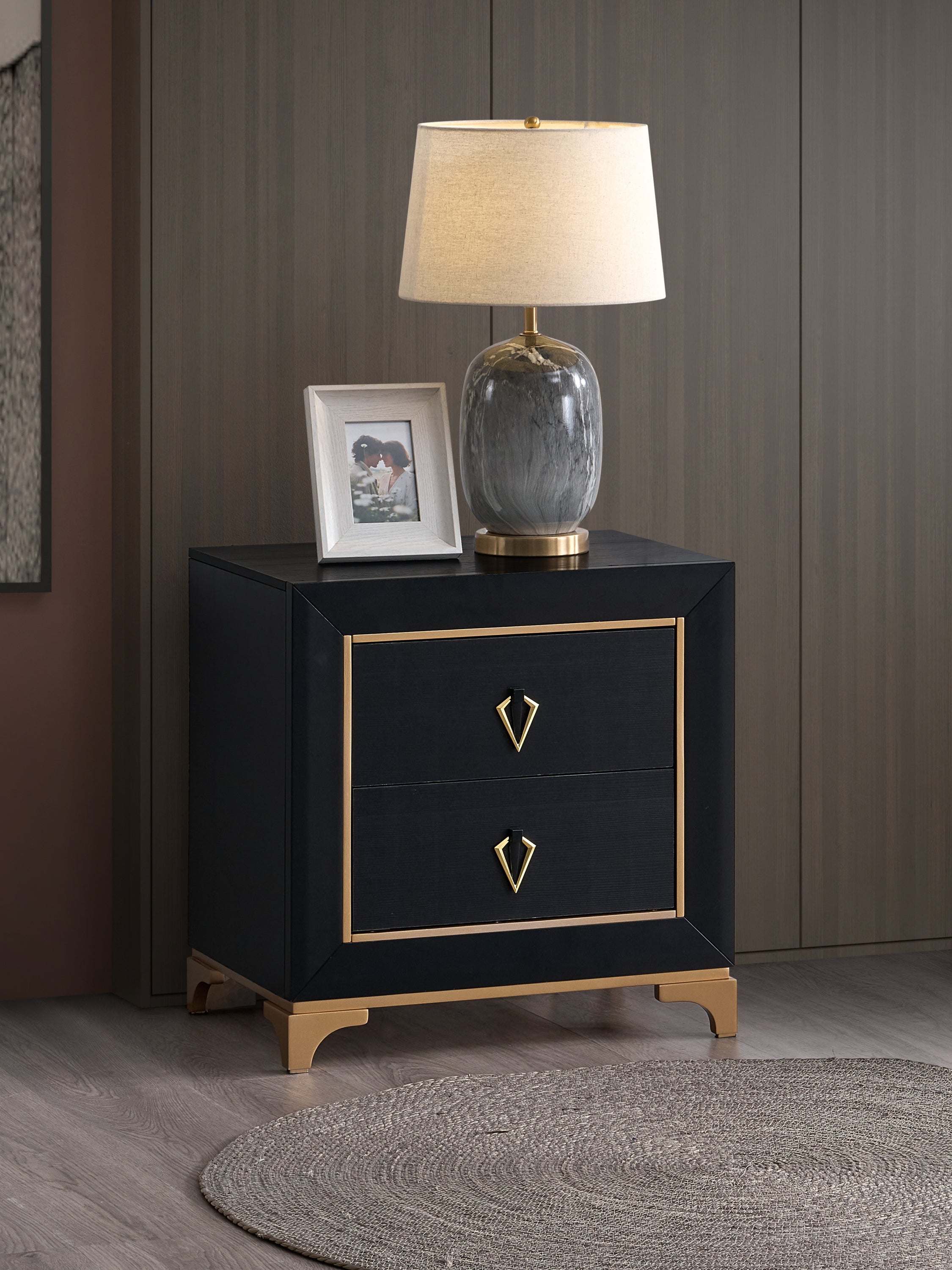2-Drawer Black Wood Nightstand with Elegant Gold Metal Base