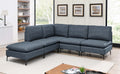 Modern blue linen modular sectional sofa featuring plush cushions and sleek black metal legs in a contemporary living room.