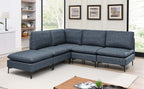 Modern blue linen modular sectional sofa featuring plush cushions and sleek black metal legs in a contemporary living room.