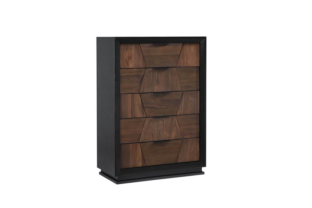 Angled view of Houston 5-Drawer Chest - Walnut highlighting modern design with black MDF frame and walnut wood drawer fronts.