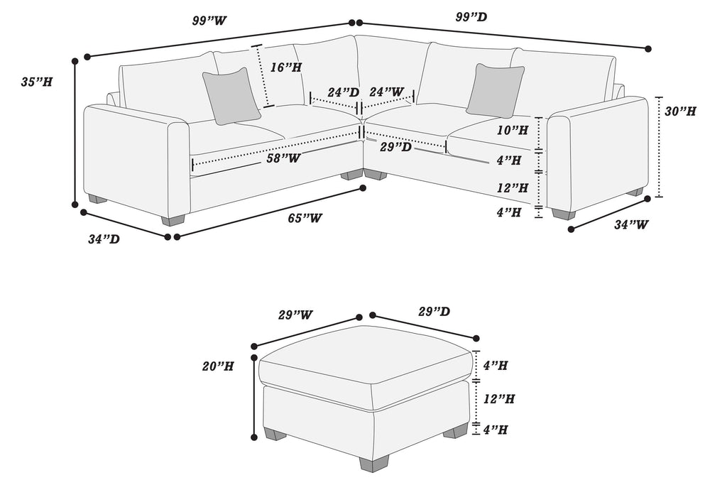 Spacious Modern Sectional Set with Cocktail Ottoman.