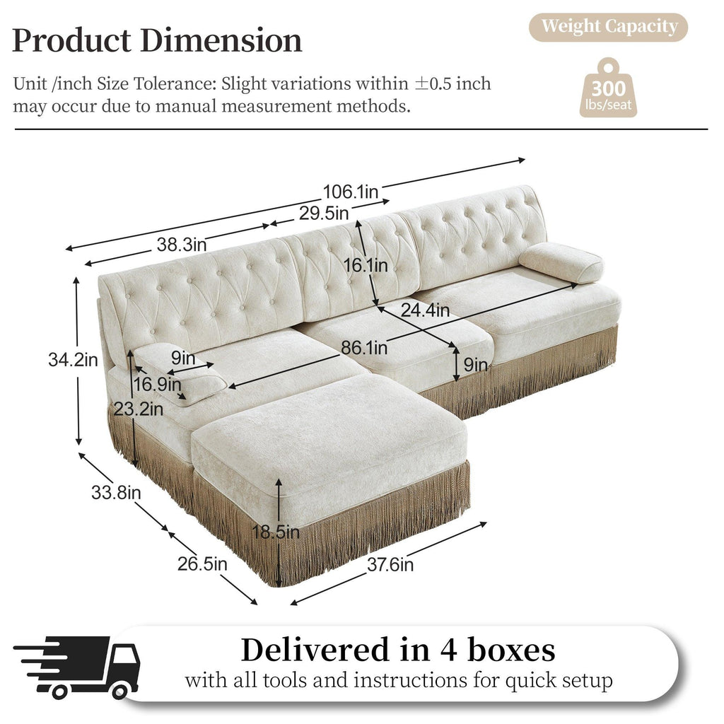 Modular Sectional Sofa in Beige with Button Tufting.
