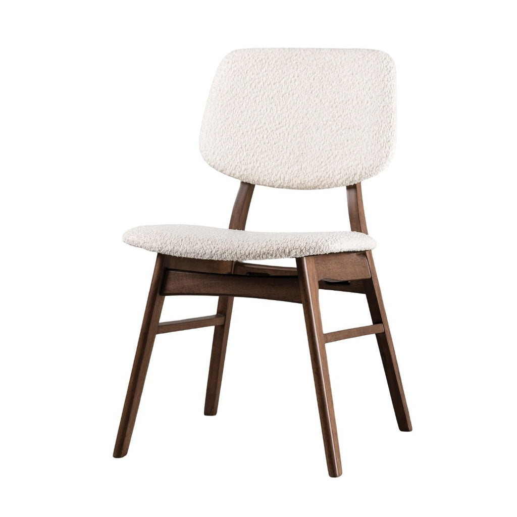 Comfortable mid-century dining chair with beige upholstery and walnut angled legs, designed for contemporary dining areas.