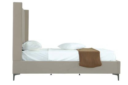 Side profile of Promenade Upholstered Velvet Bed Frame 48' in Rustic Taupe with mattress and brown throw blanket on white bedding.