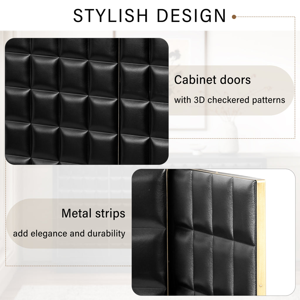 Close-up of cabinet doors with 3D checkered patterns and metal strips, highlighting design and durability features.
