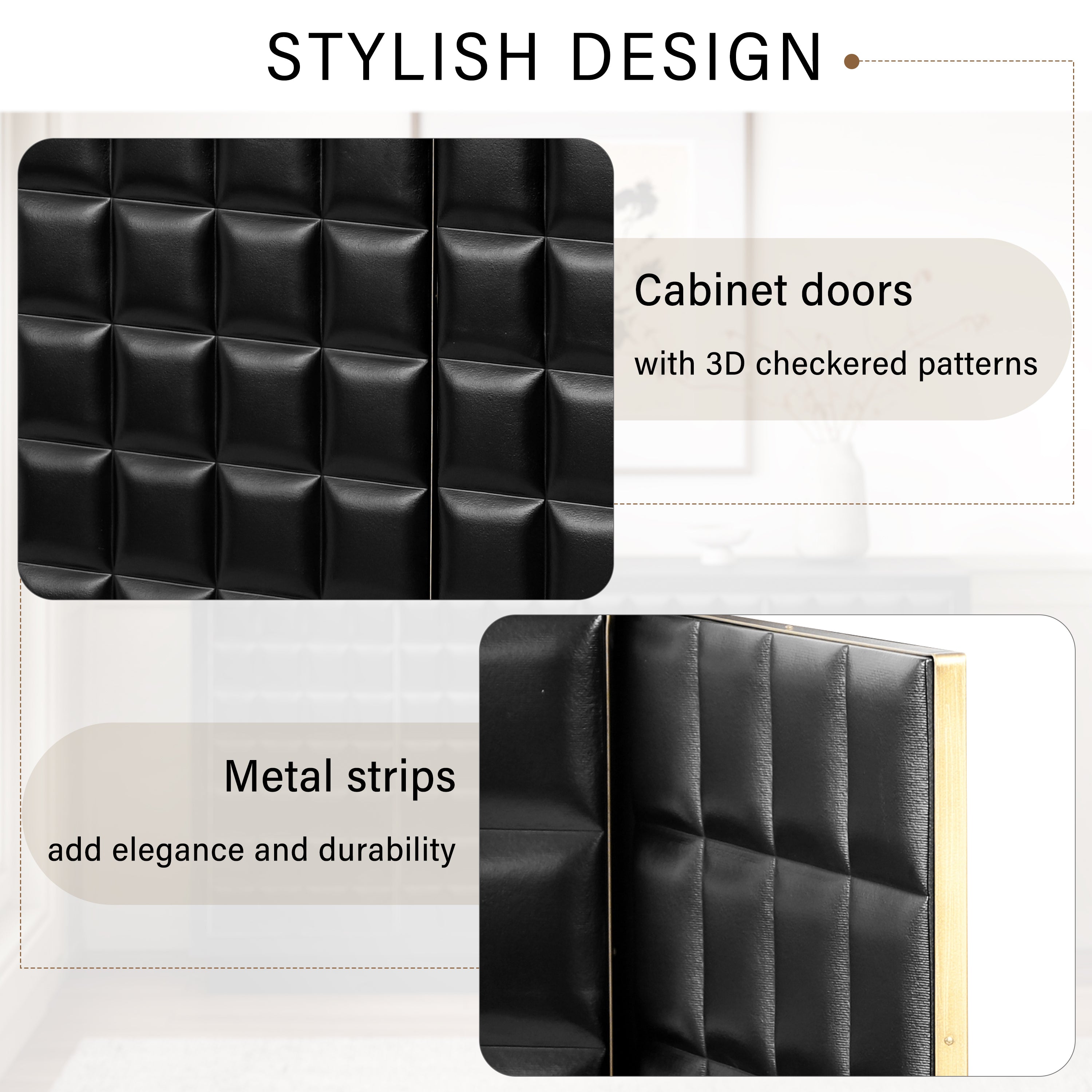 Close-up of cabinet doors with 3D checkered patterns and metal strips, highlighting design and durability features.